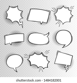Super set hand drawn blank comic speech bubbles background in retro style. Talk chat retro speak message. Empty white blank comment.