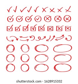 Super set hand drawn check mark with different circle arrows and underlines. Doodle v checklist marks icon set. Vector illustration.