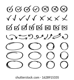 Super Set Hand Drawn Check Mark With Different Circle Arrows And Underlines. Doodle V Checklist Marks Icon Set. Vector Illustration.