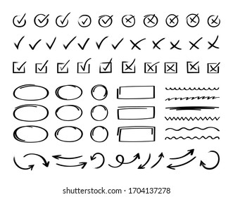 Super set hand drawn check mark with different circle arrows and underlines. Doodle v checklist marks icon set. Vector illustration.