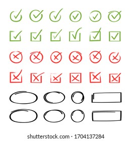 Super set hand drawn check mark with different circle arrows and underlines. Doodle v checklist marks icon set. Vector illustration.