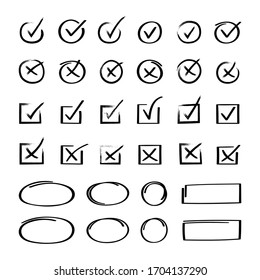 Super set hand drawn check mark and different circle arrows   underlines  Doodle v checklist marks icon set  Vector illustration 