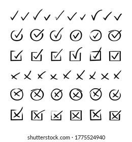 Super set hand drawn check mark. Doodle v checklist marks icon set. Vector illustration.