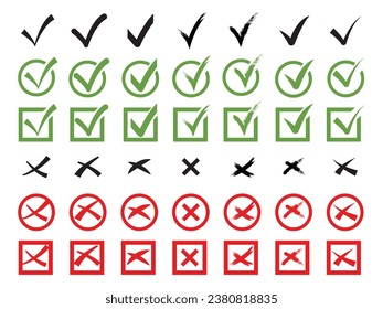 Marque de verificación dibujado a mano con flechas y subrayados diferentes. Juego de iconos de marcas de lista de verificación Doodle v.