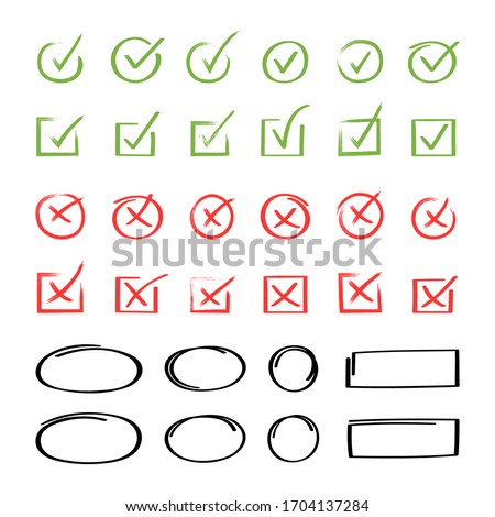 Super set hand drawn check mark with different circle arrows and underlines. Doodle v checklist marks icon set. Vector illustration.