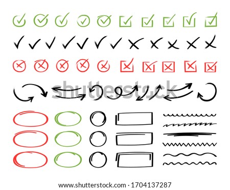 Super set hand drawn check mark with different circle arrows and underlines. Doodle v checklist marks icon set. Vector illustration.