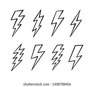 Super Set hand drawn Lightning bolt. Thunderbolt, lightning strike. Modern flat style vector illustration.