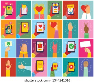 Super set of illustrations of hand holding smartphone with new message on screen. Chat, email messaging, sms, mobile concepts for web sites, web banners in modern flat design 