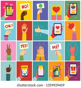 Super set of illustrations of hand holding smartphone with new message on screen. Chat, email messaging, sms, mobile concepts for web sites, web banners in modern flat design