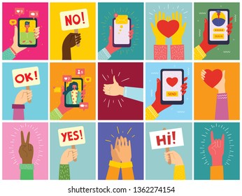 Super set of illustrations of hand holding smartphone with new message on screen, hand with hearts, banners. Chat, email messaging, sms, mobile concepts in modern flat design