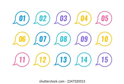 Super set line bullet point on white background. Colorful markers with number from 1 to 15. Modern vector illustration.