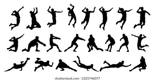 Super set men volleyball players on white background isolated. Silhouette of  men volleyball players with different poses - Jumping smash and saves vector illustration