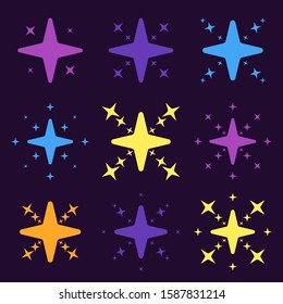 Super set of original multi-colored stars sparkle icon. Bright firework, decoration twinkle, shiny flash. Glowing light effect stars and bursts collection. Vector Illustration EPS10.