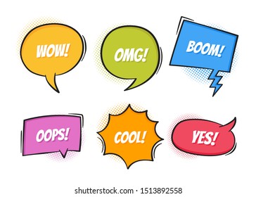 Super set retro colorful comic speech bubbles with halftone shadows on white background. Expression text OOPS, YES, OMG, BOOM, COOL, WOW. Vector illustration, retro pop art style.