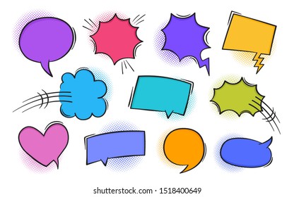 Super set retro colorful comic book text speech bubble in pop art style with halftone and lightning bolts. Talk chat retro speak message. Empty white blank comment.