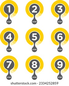 Super set step numbers circle shapes on white background. Yellow markers with number from 1 to 9. Modern vector illustration.