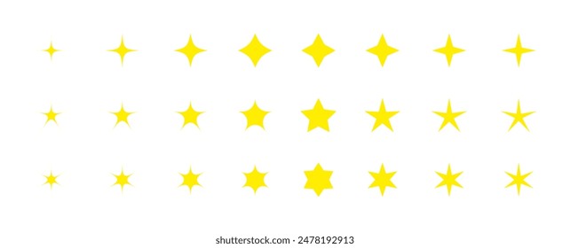 Super set of yellow stars sparkling on white background. Bright firework, decoration twinkle, shiny flash. Glowing light effect stars and bursts collection. Vector graphic design.