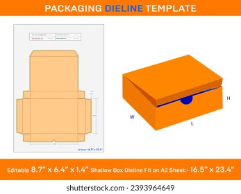 SuperShallow box, Dieline Template, 8.7x6.4x1.4 pulgadas. 