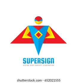 Super sign - vector logo template concept in flat style. People human character. Hero symbol. Super icon. Flying man. Design element.