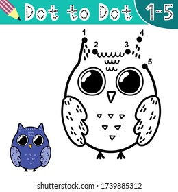 Super simple dot to dot game for kids - 1-5 numbers. Connect the digits and draw a funny owl. Activity worksheet for toddlers