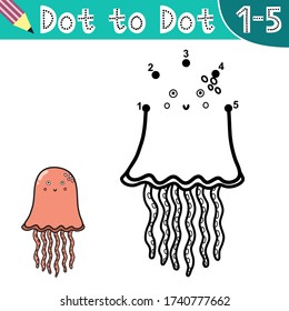 Super simple dot to dot game for kids - 1-5 numbers. Connect the digits and draw a cute jellyfish. Activity worksheet for toddlers