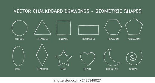 Diseño vectorial de estilo dibujado a mano de formas geométricas súper simples. Dibujos de garabatos simples de pizarra. Círculo, triángulo, cuadrado, rectángulo, hexágono, pentágono, óvalo, diamante, estrella, corazón, media luna, espiral