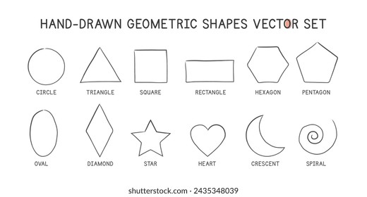 Super simple geometric shapes hand-drawn style vector design. Circle, triangle, square, rectangle, hexagon, pentagon, oval, diamond, star, heart, crescent, spiral. 2D shapes simple doodle drawings