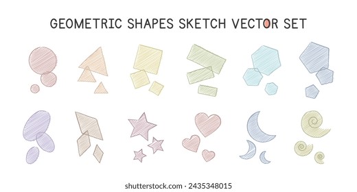 Super simple geometric shapes sketch style vector design. Circle, triangle, square, rectangle, hexagon, pentagon, oval, diamond, star, heart, crescent, spiral. 2D shapes simple doodle drawings