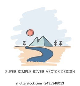 Super einfache Fluss handgezeichnete Doodle Stil Vektor-Design. Konzept der Naturelemente. Niedlicher Fluss mit Bergen, Bäumen und Sonne Schnelles einfaches Zeichnen auf einem hellblauen Skizzenhintergrund