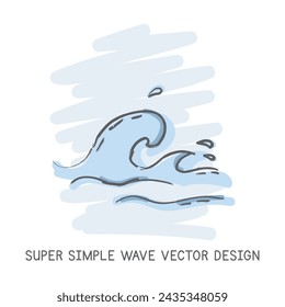 Super simple wave hand-drawn doodle style vector design. Nature elements concept. Cute ocean wave quick simple drawing on a light blue sketch background