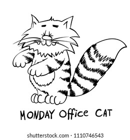 Super sleepy office cat. monday morning on work place. infantile outline sketch cat for coloring book. Tabby cat  for print. Doodle  cartoon  tom. 