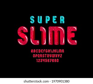 Super slime font, cute alphabet in the cartoon style, red rounded letters from A-Z and numbers from 0-9 for you designs: logo, t-shirt, card, poster, vector illustration 10EPS
