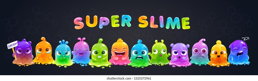 Super slime horizontal banner. Funny cute cartoon rainbow slimy characters. Comic colorful little jelly monsters.