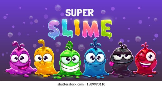 Super slime horizontal banner. Funny cute cartoon alien slimy characters. Comic colorful little jelly monsters.