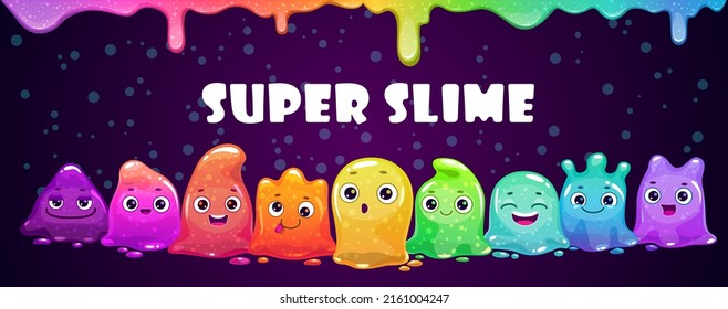 Super slime horizontal banner with rainbow streaks. Funny cute cartoon rainbow slimy characters. Comic colorful little jelly monsters.