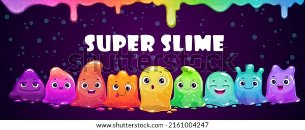 Super slime horizontal banner with rainbow\
streaks. Funny cute cartoon rainbow slimy characters. Comic\
colorful little jelly\
monsters.