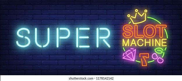 Super slot machine neon sign. Diamond, cherry, crown and text in circle on brick wall background. Vector illustration in neon style for online casino and arcade machines