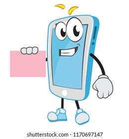 Super smart and funny cell phone character holding a small paper sign board placard poster blank empty template