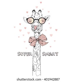 super smart giraffe portrait, hand drawn graphic, animal illustration 