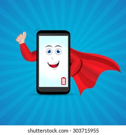 Super smart phone hero vector illustration. Smart phone cartoon character.