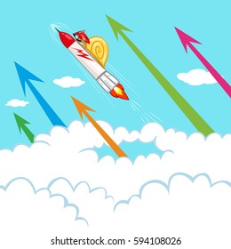 Super snail flying with rocket arrow up chart, vector illustration cartoon