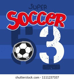 Super soccer graphic design with vintage numbers and ball on striped background illustration vector, for t-shirt print.