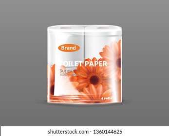 Super soft toilet paper plastic packaging with chamomile flower print and two rolls of natural cellulose paper inside 3d realistic vector isolated on grey background. Hygiene branded product mockup