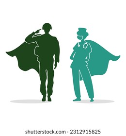 Super soldier and doctor in medical masks and capes vector illustration design silhouette