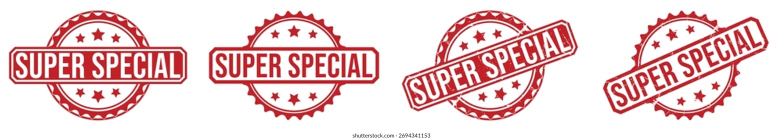 Sello de goma rojo sobre fondo blanco. Signo de sello SUPER ESPECIAL. Sello SUPER ESPECIAL.
