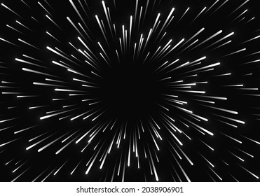 Super speed background. Glowing stars or comets moving from center to the edge with super fast motion effect. Blurred stars light in lines.
