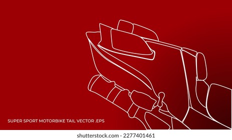 Super sport motorbike tail in white outline isolated on red background. Vector illustration in trendy style, close up view. Editable graphic resources for many purposes.