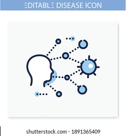 Super spreading line icon. Disease spreading concept. Covid19, virus disease, influenza transmission event. Super spreader, contagious person. Isolated vector illustration. Editable stroke 