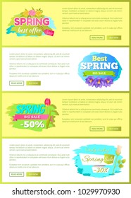 Super spring big sale advertisement labels set crocus c purple flowers with tulips, daisies and roses vector web page with push buttons read and buy now