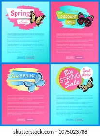 Super spring sale 70 percent off stickers on web posters butterflies of multy color with ornaments and decorative wings, vector total discount vouchers